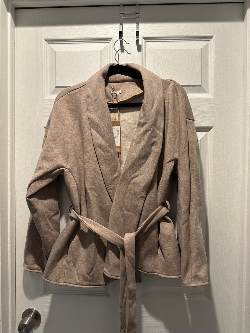 OGL Taupe Shawl Robe Jacket with Self-Tie Belt